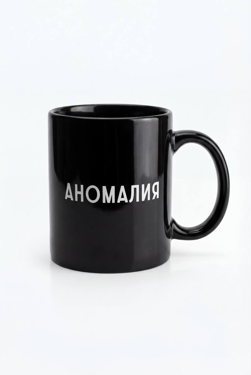 Чёрная керамическая кружка с белой печатью «АНОМАЛИЯ»