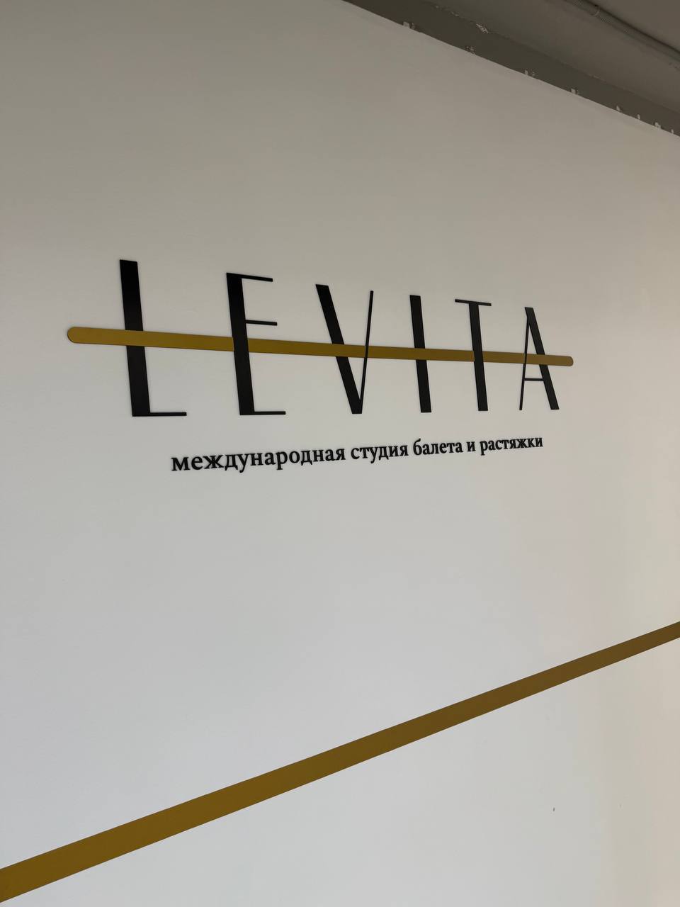 Интерьерная вывеска студии балета «LEVITA» из чёрного оргстекла с золотом