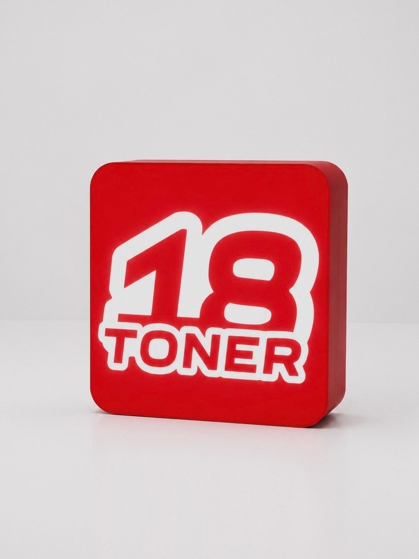 Красный фигурный световой короб с логотипом «18 Toner»