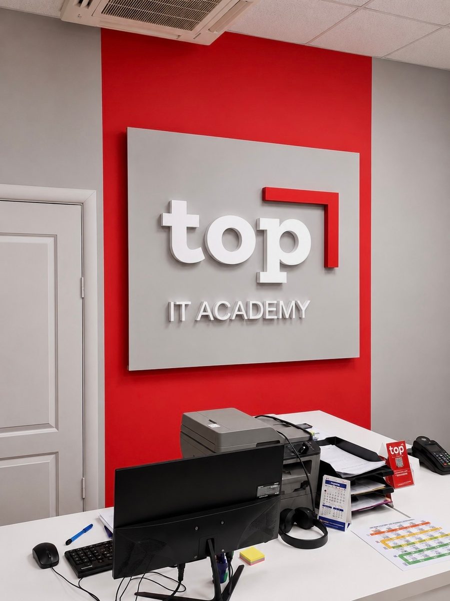Интерьерная вывеска TOP IT Academy на ресепшене
